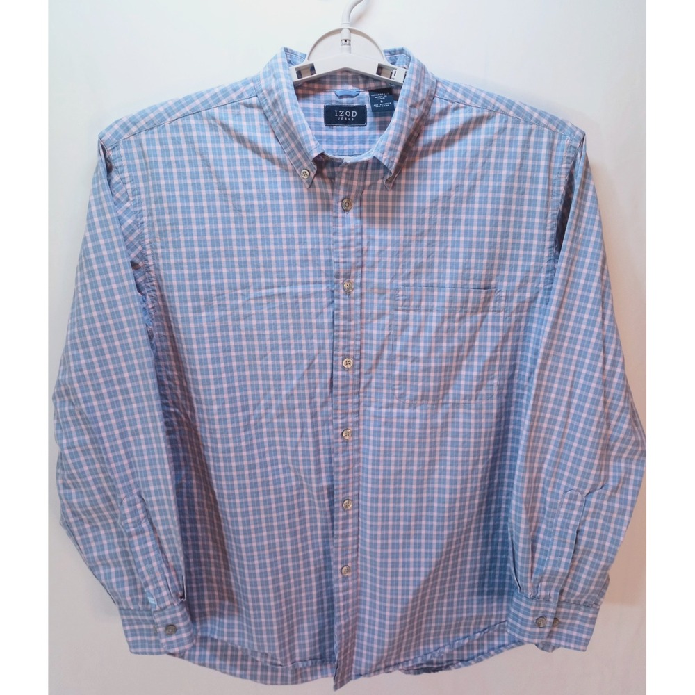 IZOD Jeans Long Sleeve Button Down Men's Shirt, Large, Pink Blue Plaid